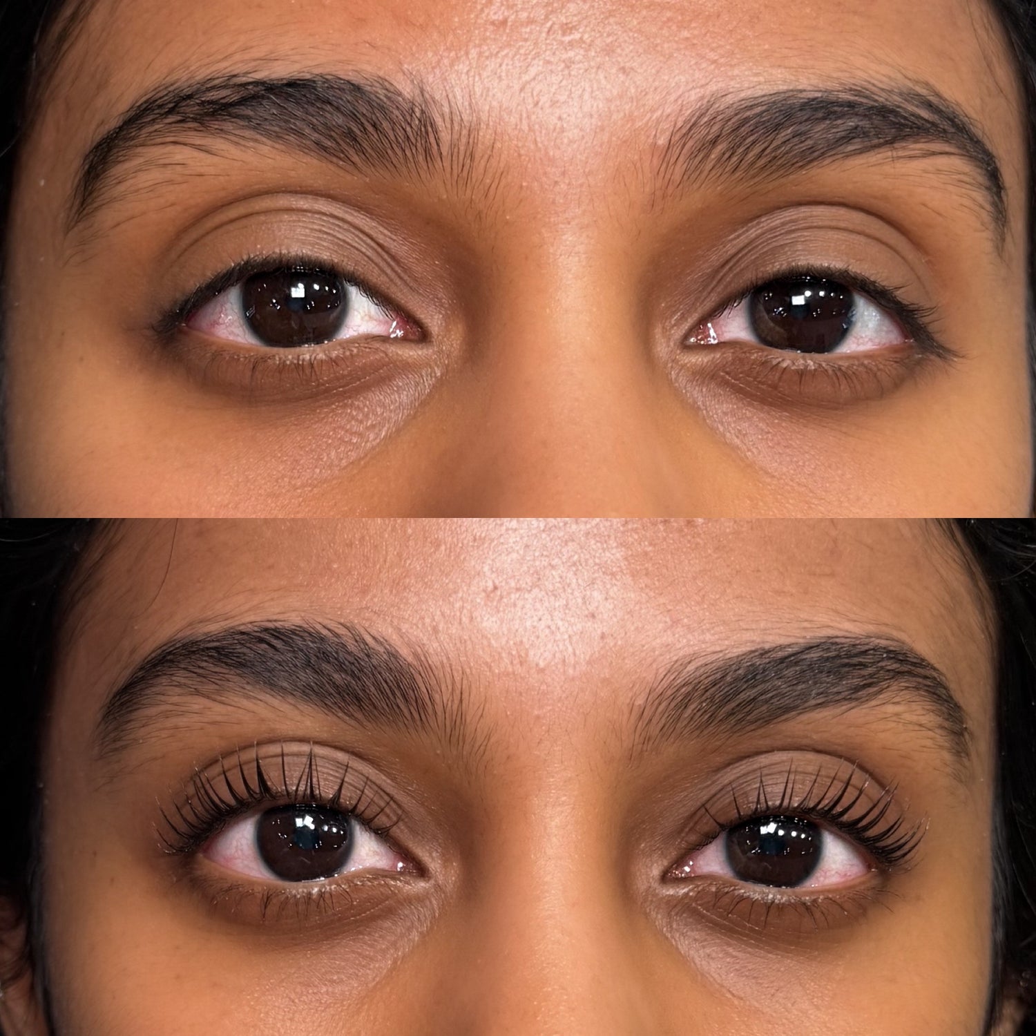 Before and after comparison of Korean Lash Lift application on a person's face.