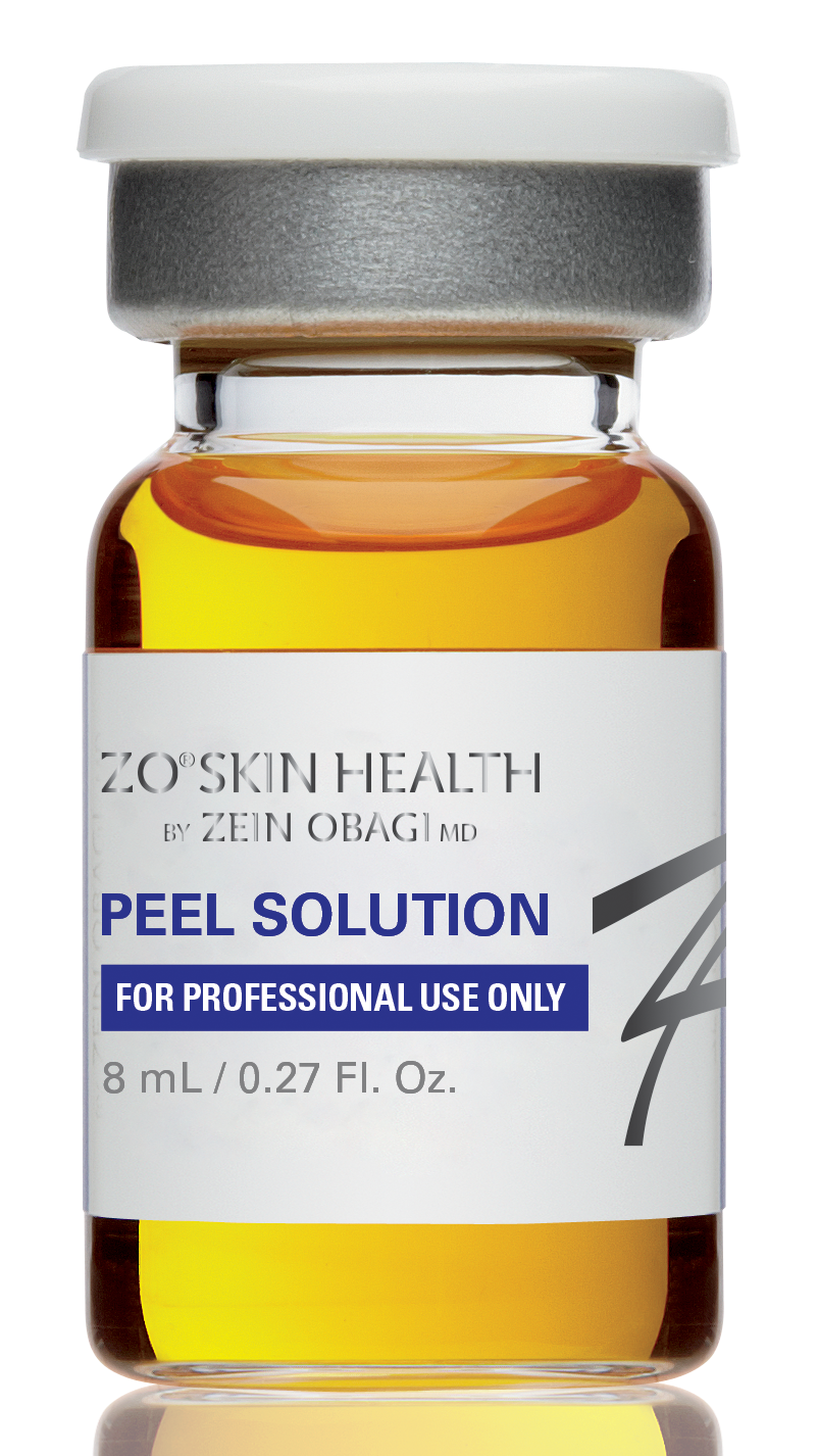 Vial of Zo Skin Health Peel Solution with a white label on a white background