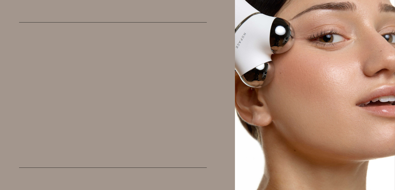 Woman using a skincare device on her face with a neutral background