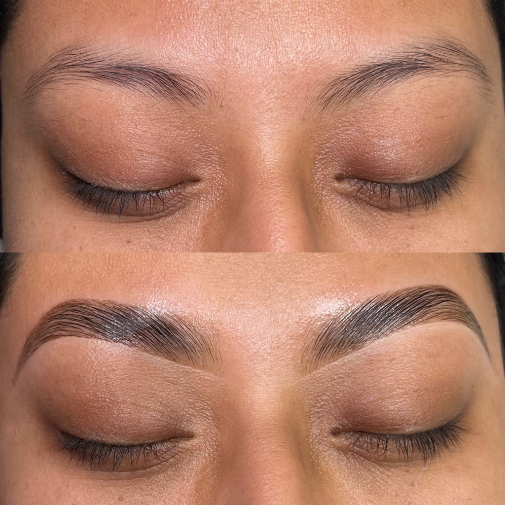 Close-up of a person's eyes with and without eyebrow grooming.