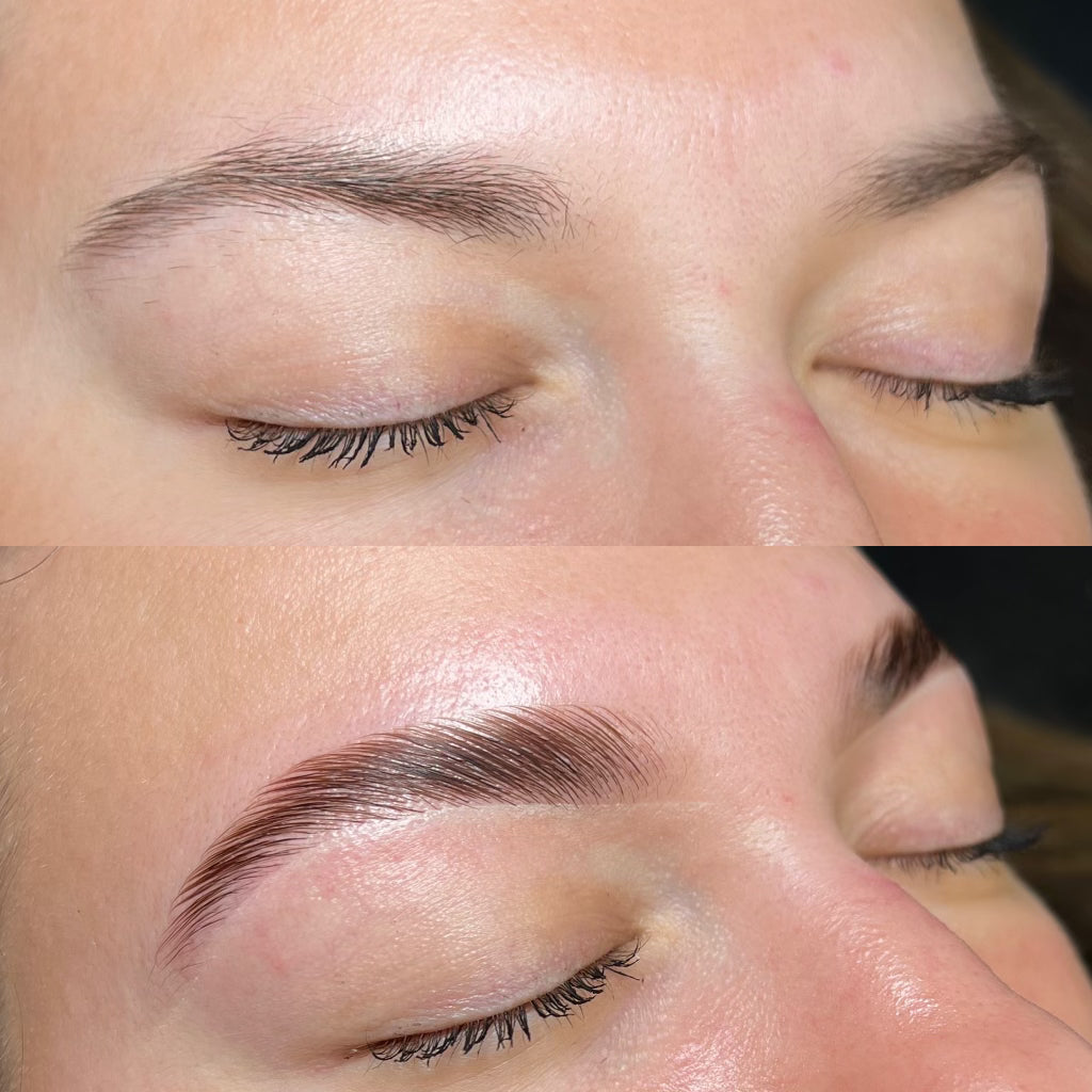 Close-up of a person's eye with and without makeup, highlighting the effect of eyeliner.