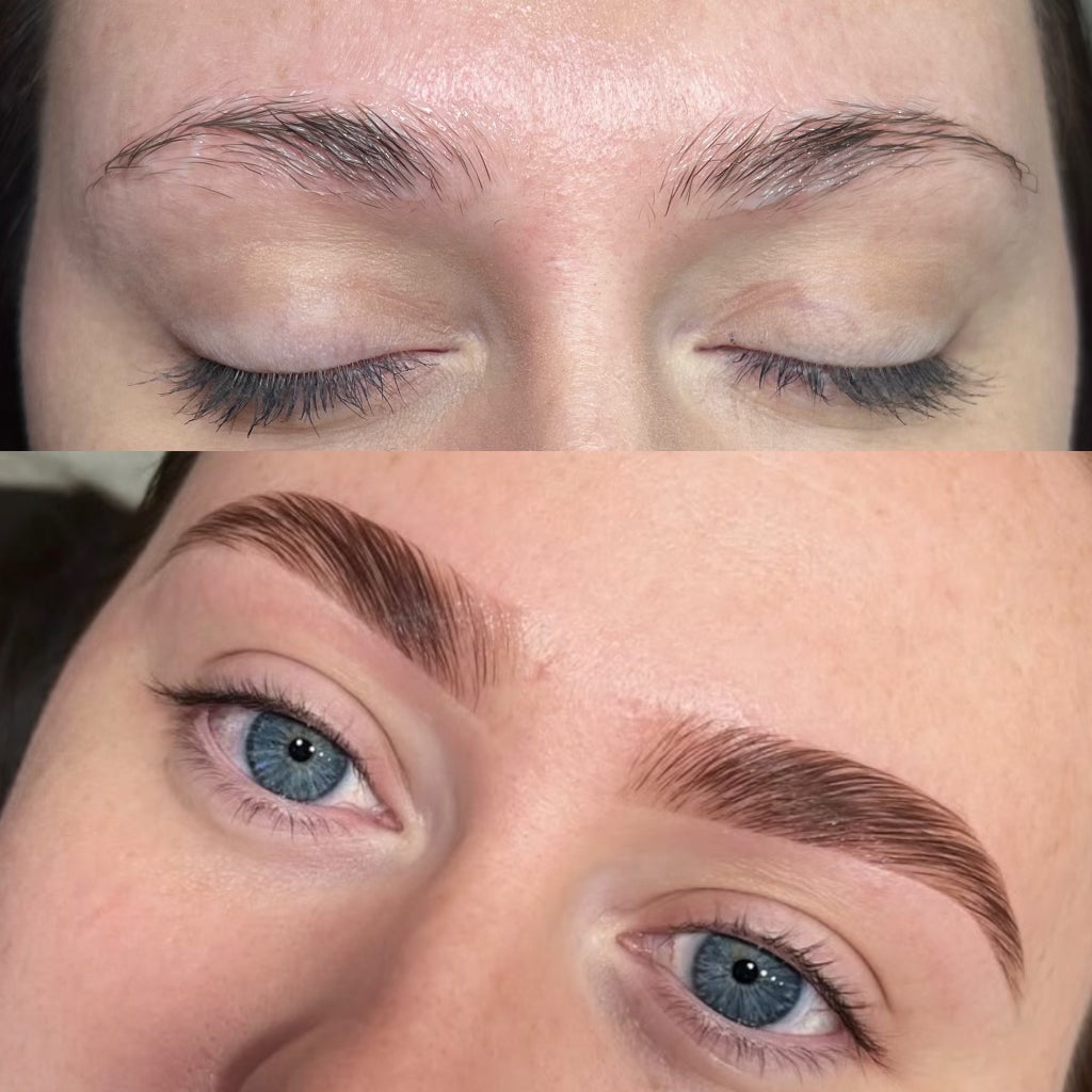 Before and after comparison of eyebrow grooming with close-up of eyes.