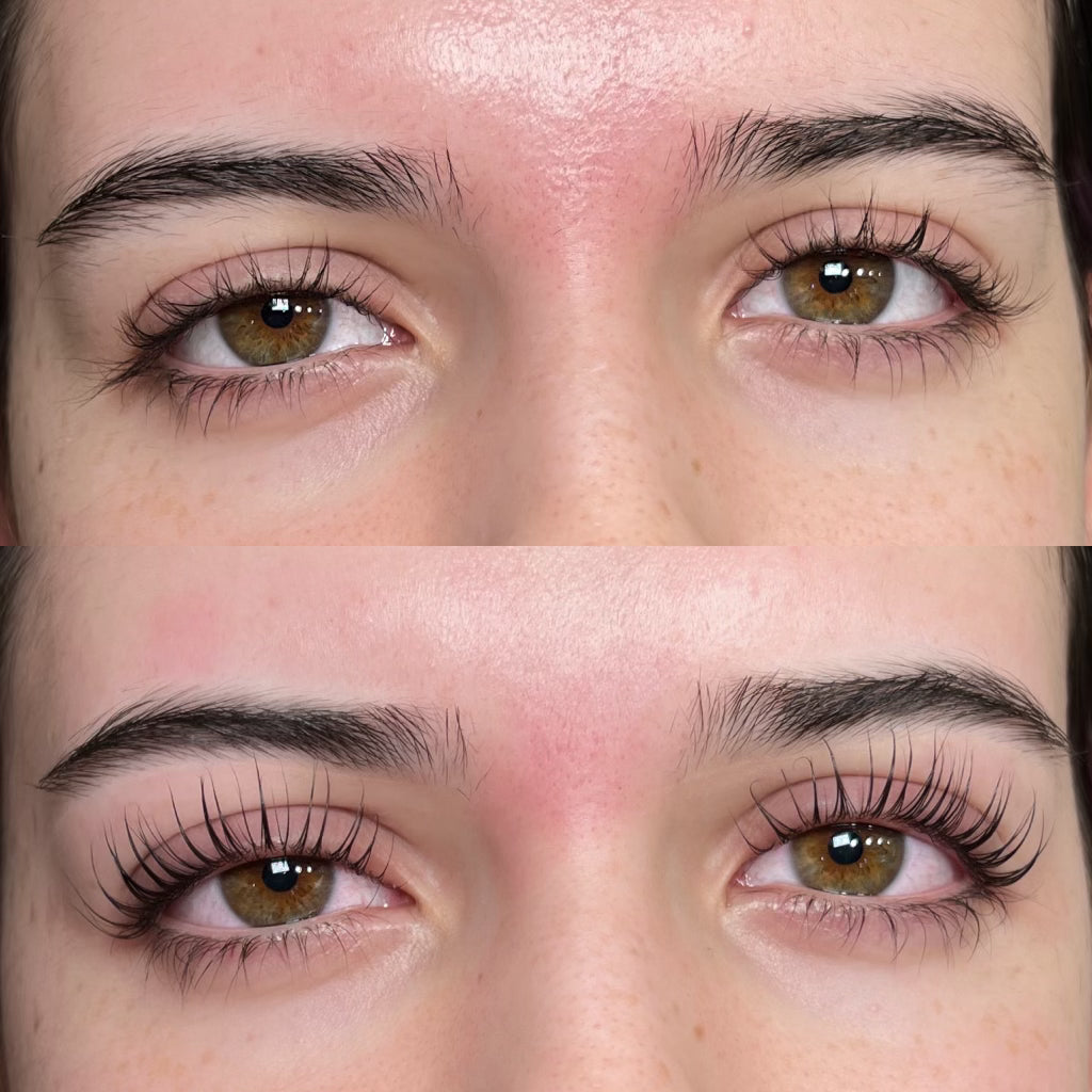 Close-up of a person's eyes with and without eyelash lift
