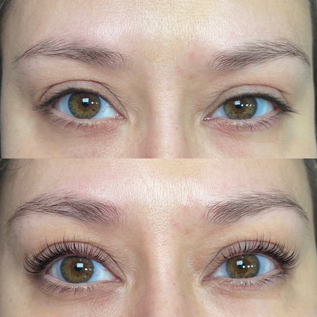 Before and after comparison of eye lash application on a person with brown eyes.