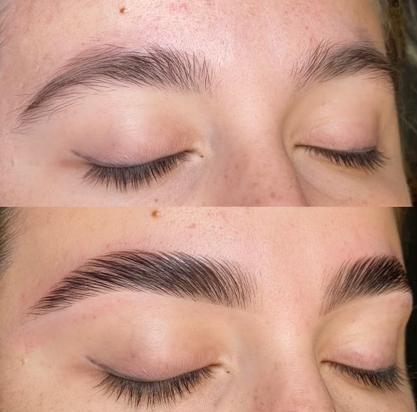 Before and after comparison of eyebrow grooming on a person's face.