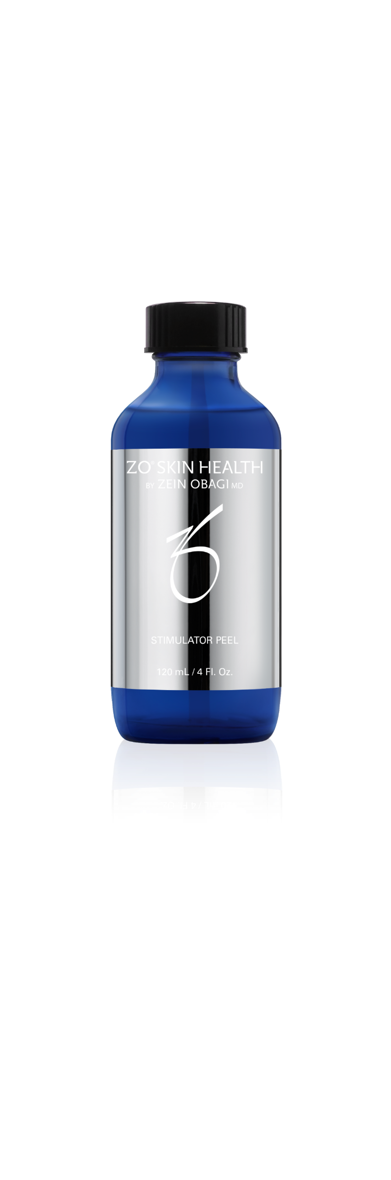 Blue and silver bottle of ZO Skin Health with black cap on a white background