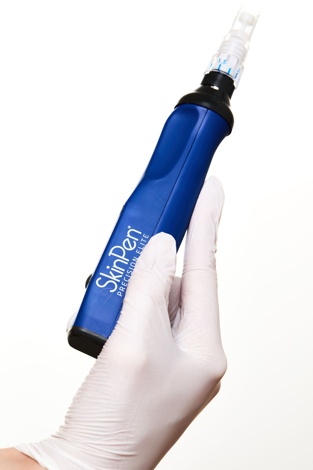 Blue SkinPen device held by a gloved hand on a white background