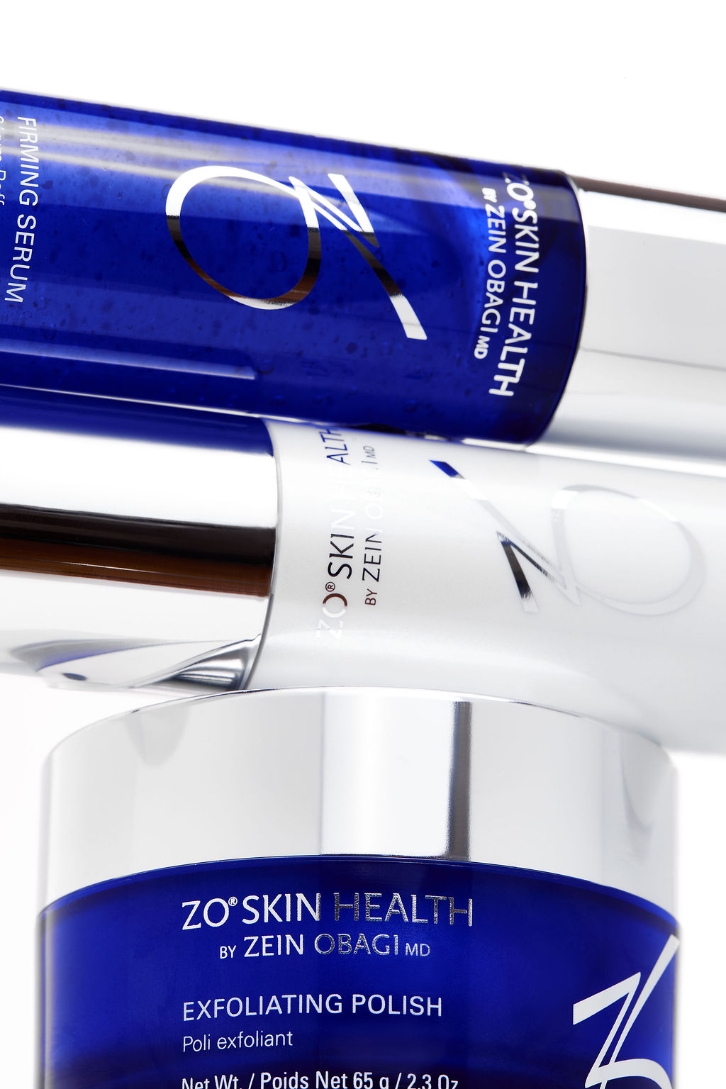 ZO Skin Health skincare products including a serum, cream, and exfoliating polish.